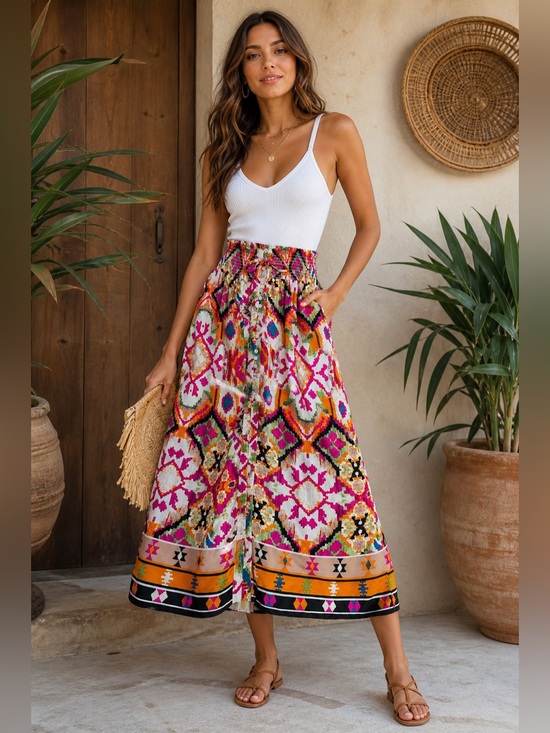 Christian Siriano Dresses & Skirts - Boho Aztec Print Maxi Skirt Festival Western Smocked Waist Small